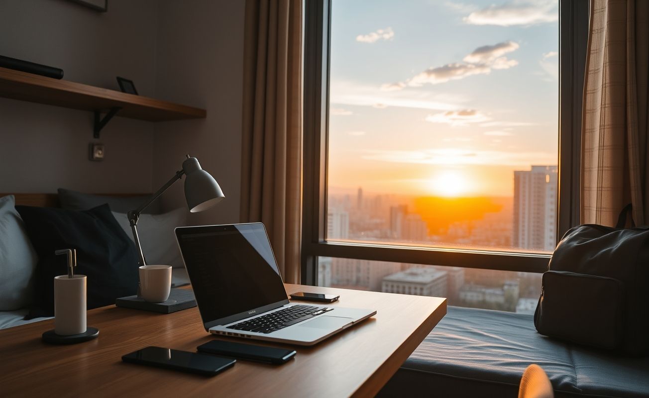 Espaço de trabalho em hostel econômico para nômades digitais
