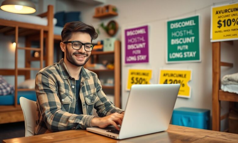 Nômade digital trabalhando em hostel com desconto