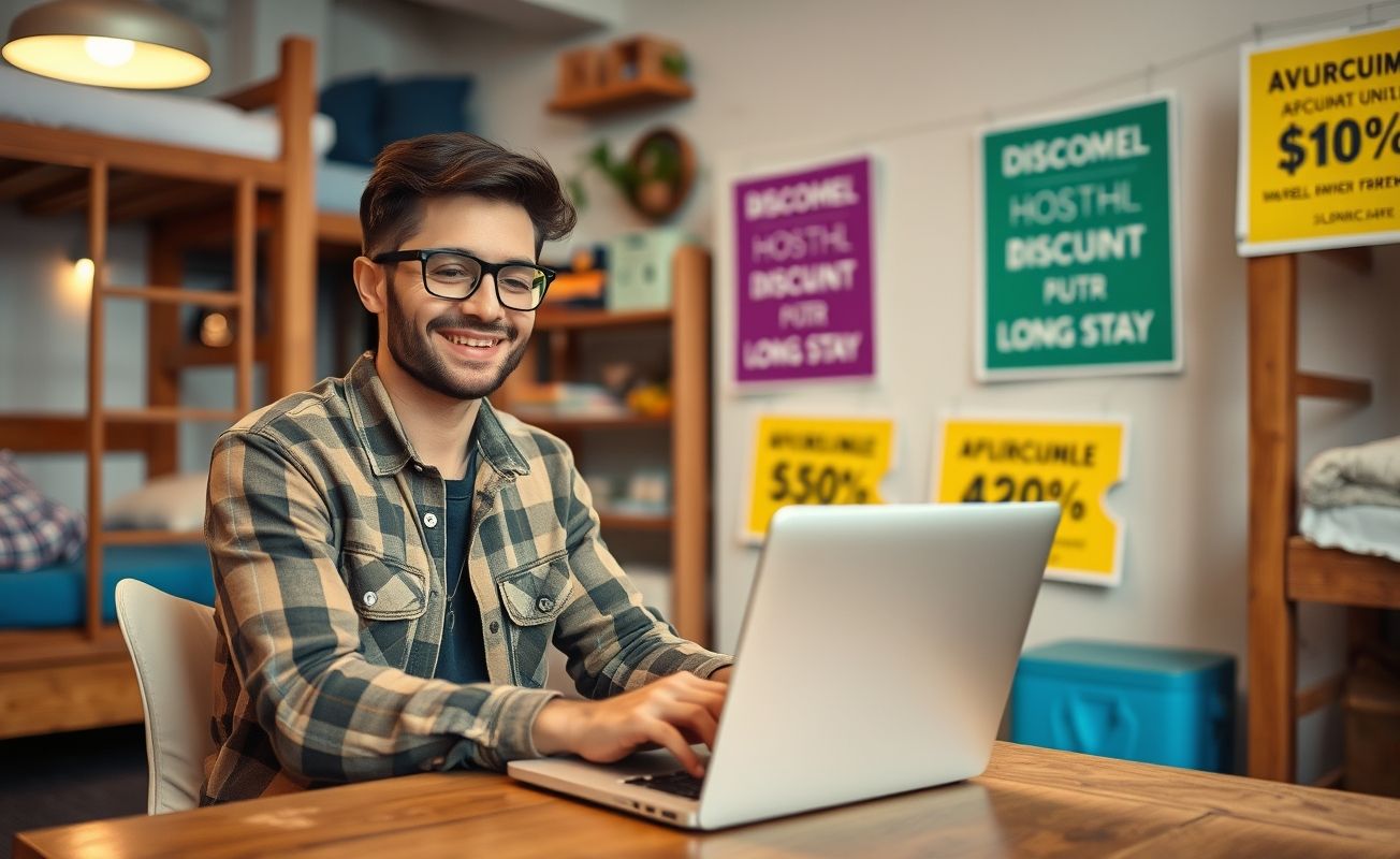 Nômade digital trabalhando em hostel com desconto