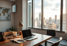 Escritório nômade digital com vista para cidade