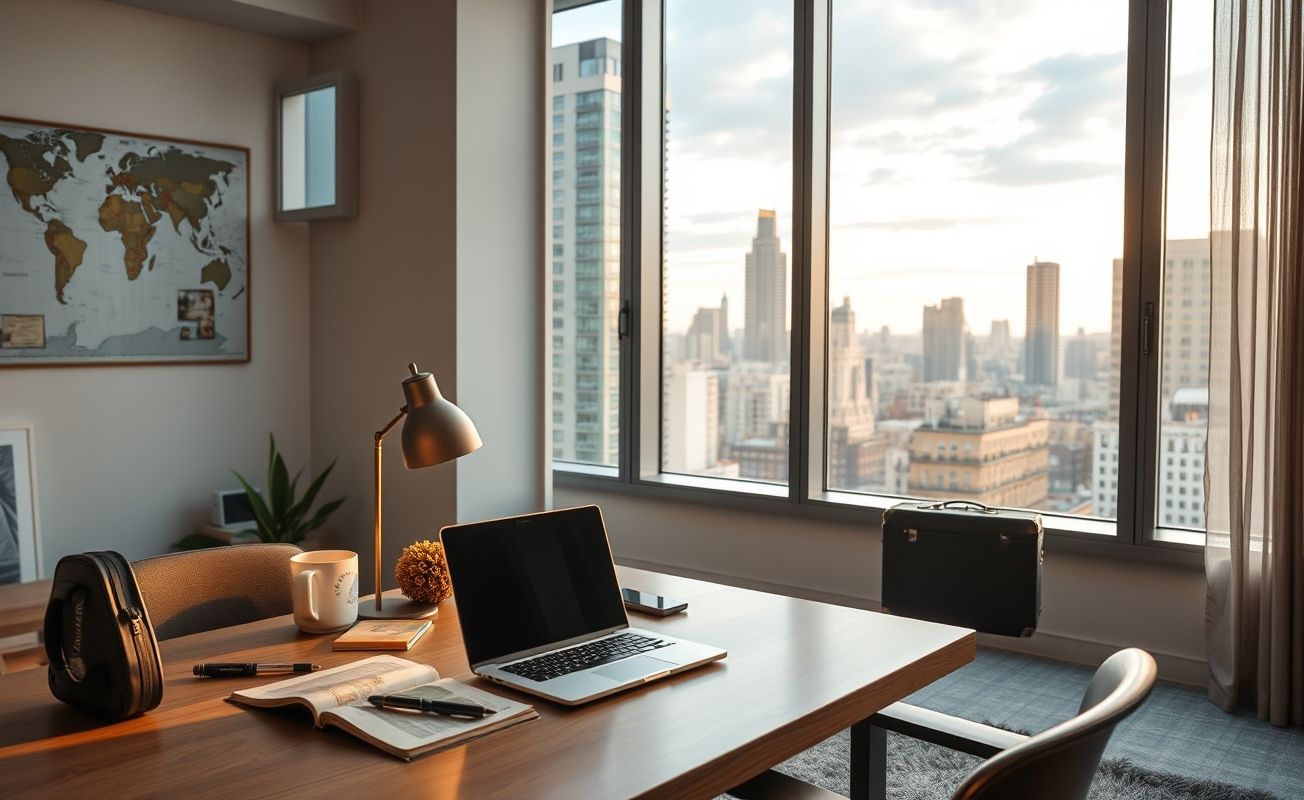 Escritório nômade digital com vista para cidade