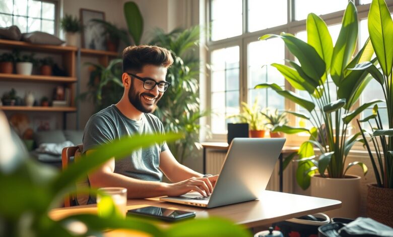 Descontos em Hospedagem: Guia Completo para Economizar em Viagens Longas - Web Nômade Digital Nômade digital trabalhando remotamente em hostel