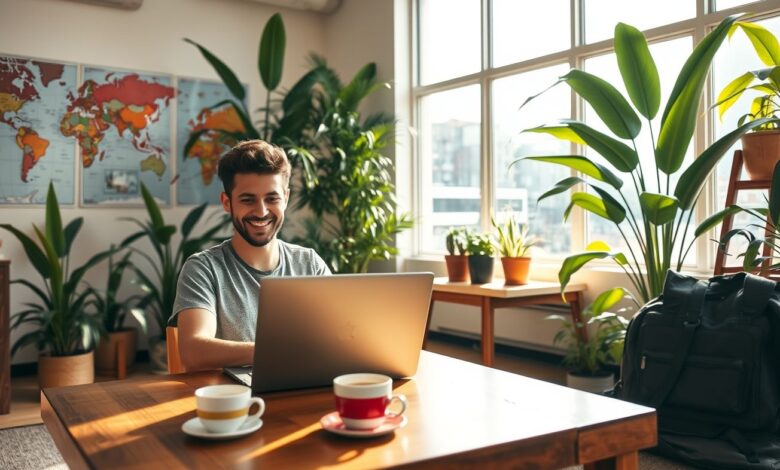 Descontos em Hospedagem: Guia Completo para Economizar em Viagens Longas - Web Nômade Digital Nômade digital trabalhando em hostel com desconto