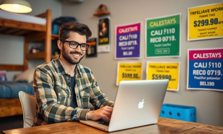 Descontos em Hospedagem: Guia Completo para Economizar em Viagens Longas - Web Nômade Digital Nômade digital trabalhando em hostel com desconto