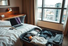 Quarto de hotel aconchegante para trabalho remoto