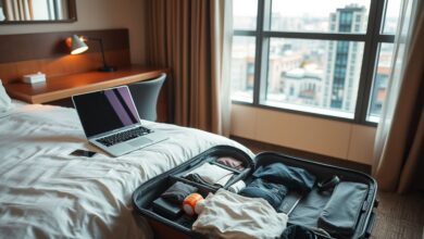 Quarto de hotel aconchegante para trabalho remoto