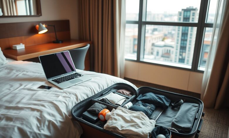 Descontos em Hospedagem: Guia Completo para Economizar em Suas Viagens - Web Nômade Digital Quarto de hotel aconchegante para trabalho remoto