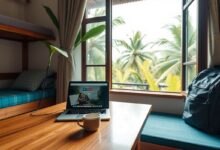 Escritório improvisado em hostel tropical para nômades digitais