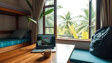 Escritório improvisado em hostel tropical para nômades digitais