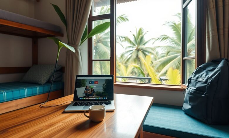 Escritório improvisado em hostel tropical para nômades digitais