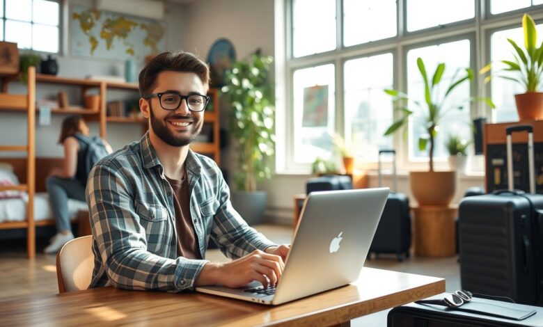 Descontos em Hospedagem: Guia Completo para Economizar em Viagens Longas - Web Nômade Digital Nômade digital trabalhando em hostel com desconto