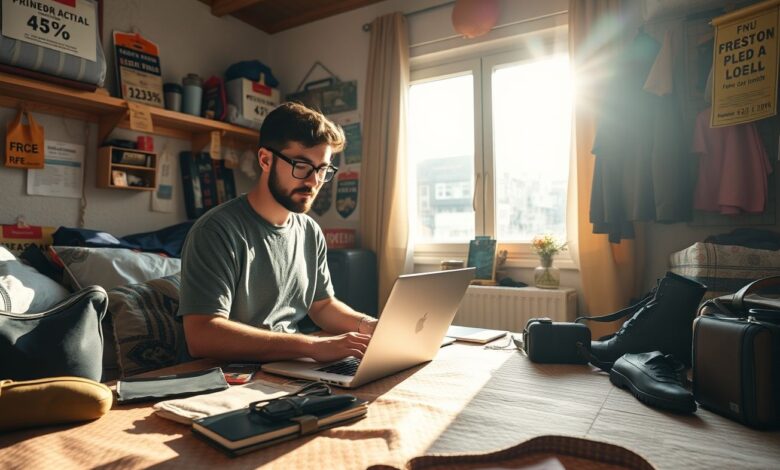 Descontos em Hospedagem: Guia Completo para Economizar em Viagens Longas - Web Nômade Digital Nômade digital trabalhando em hostel com desconto