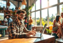 Nômade digital trabalhando em hostel com desconto para longa estadia