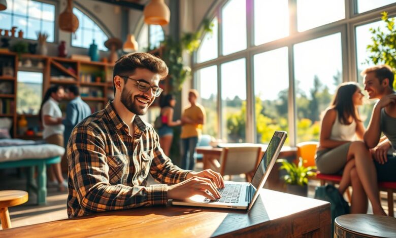 Descontos em Hospedagem: Guia Completo para Economizar em Viagens Longas - Web Nômade Digital Nômade digital trabalhando em hostel com desconto para longa estadia
