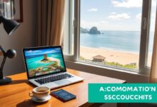 Setup de trabalho nômade digital com vista para viagens