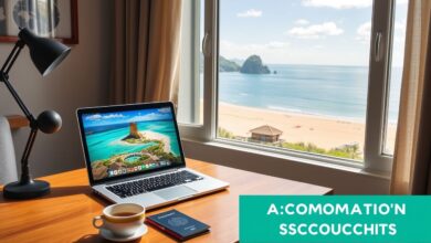 Setup de trabalho nômade digital com vista para viagens