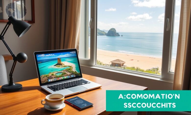 Setup de trabalho nômade digital com vista para viagens
