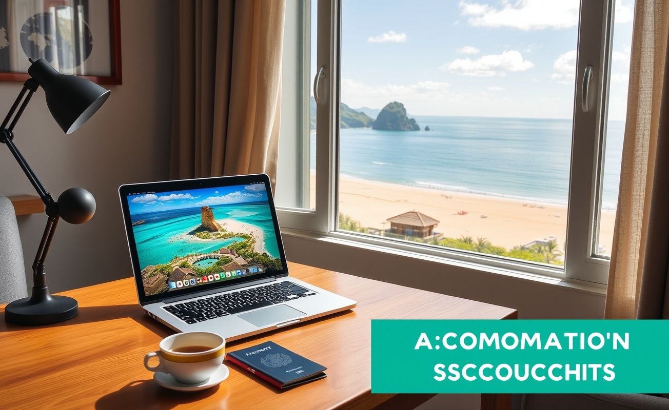 Setup de trabalho nômade digital com vista para viagens