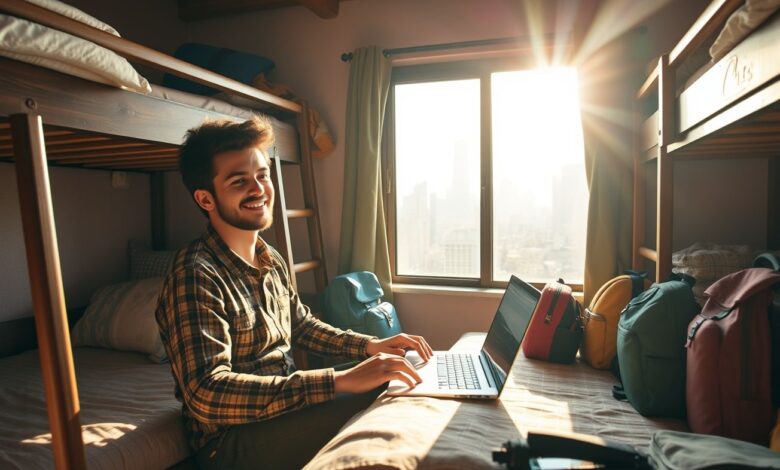 Descontos em Hospedagem: Guia Completo para Economizar em Viagens e Estadas Longas - Web Nômade Digital Nômade digital trabalhando em hostel com desconto