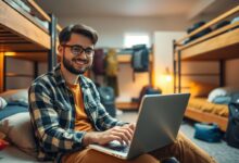 Nômade digital trabalhando remoto em hostel com descontos