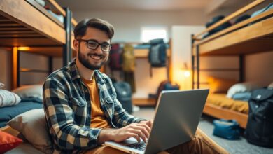 Nômade digital trabalhando remoto em hostel com descontos
