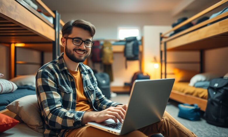 Nômade digital trabalhando remoto em hostel com descontos