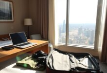 Quarto de hotel aconchegante para trabalho remoto