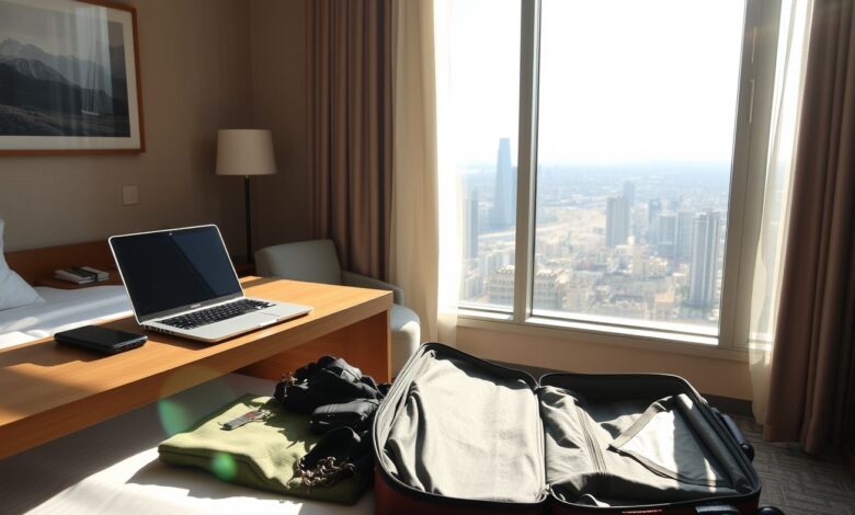 Quarto de hotel aconchegante para trabalho remoto