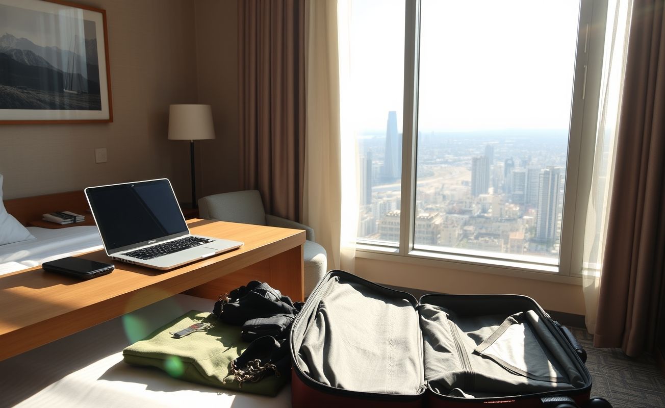 Quarto de hotel aconchegante para trabalho remoto