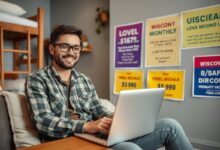 Nômade digital trabalhando em hostel com promoções visíveis