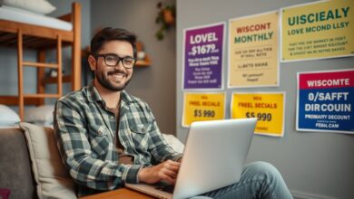 Nômade digital trabalhando em hostel com promoções visíveis