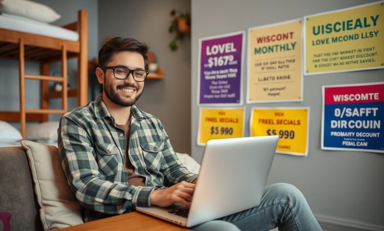 Nômade digital trabalhando em hostel com promoções visíveis
