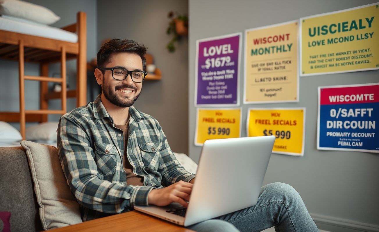 Nômade digital trabalhando em hostel com promoções visíveis