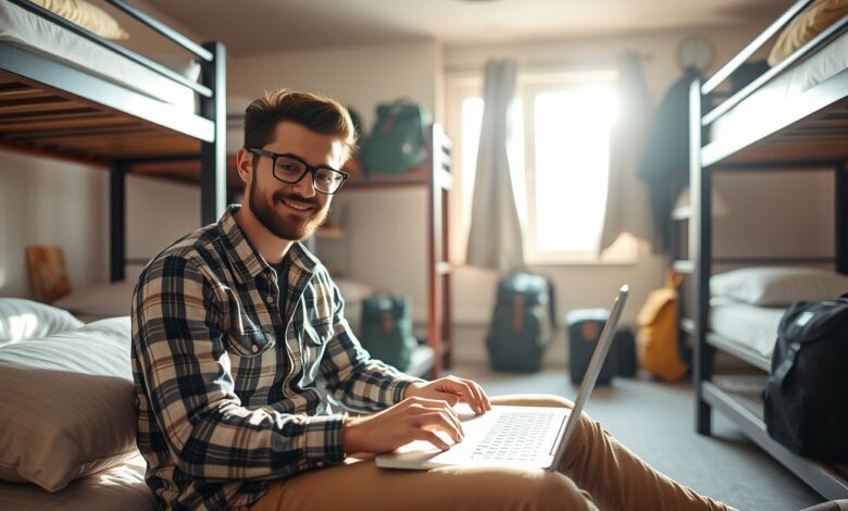 Descontos em Hospedagem: Guia Completo para Economizar em Suas Viagens - Web Nômade Digital Nômade digital trabalhando em hostel econômico