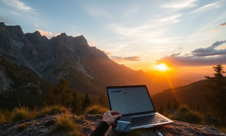 Destinos Subestimados para Nômades Digitais: Lugares Pouco Explorados com Vantagens Únicas - Web Nômade Digital Nômade digital trabalhando em local paradisíaco