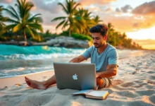 Nômade digital trabalhando na praia com laptop e agenda.