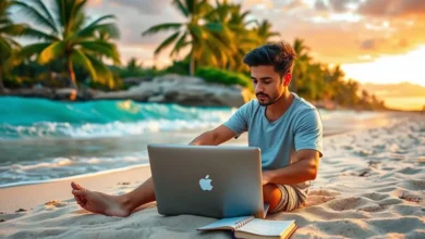 Nômade digital trabalhando na praia com laptop e agenda.