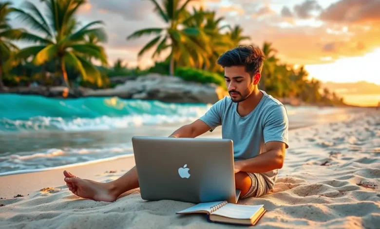 7 Dicas para Criar uma Agenda de Clientes Poderosa em 2025 - Web Nômade Digital Nômade digital trabalhando na praia com laptop e agenda.