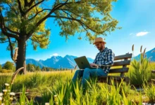 Nômade digital trabalhando em um laptop em um ambiente ao ar livre e inspirador.