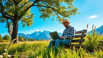 Nômade digital trabalhando em um laptop em um ambiente ao ar livre e inspirador.