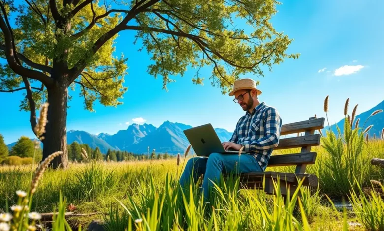 8 Estratégias de Gestão Estratégica para Aumentar Seus Lucros Hoje - Web Nômade Digital Nômade digital trabalhando em um laptop em um ambiente ao ar livre e inspirador.