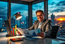 Empreendedor feliz com resultados financeiros positivos.