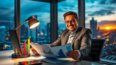 Empreendedor feliz com resultados financeiros positivos.