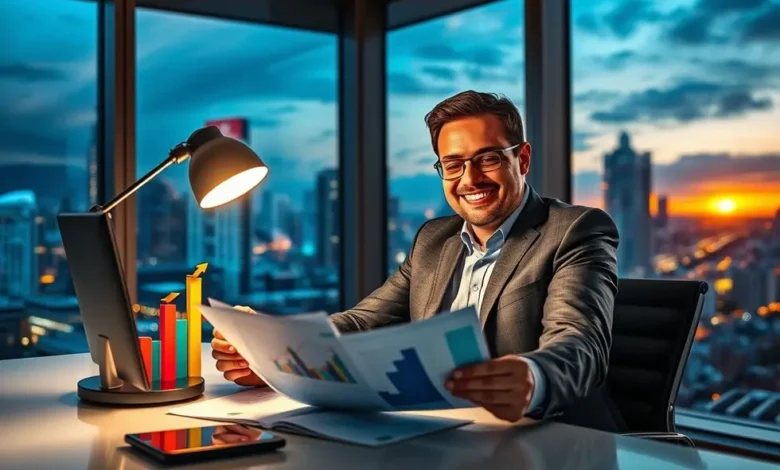 Os 7 Segredos para Aumentar a Lucratividade do Seu Negócio - Web Nômade Digital Empreendedor feliz com resultados financeiros positivos.