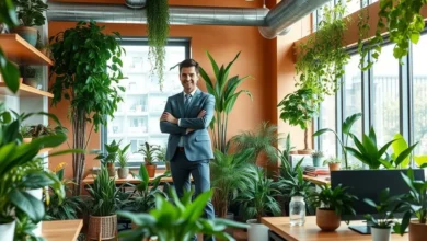 Empreendedor de sucesso com foco em práticas sustentáveis.