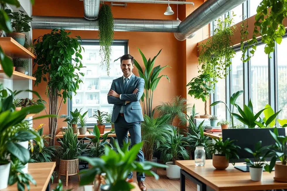 Empreendedor de sucesso com foco em práticas sustentáveis.