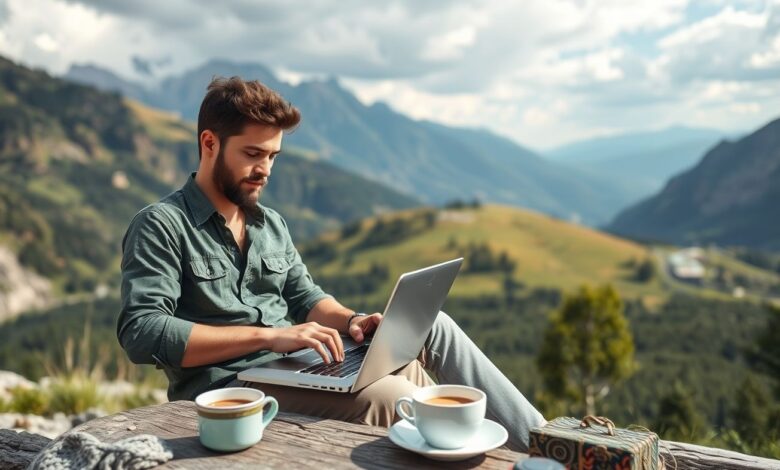 Equilíbrio Nômade: Como Conciliar Produtividade e Liberdade em Viagens - Web Nômade Digital Nômade digital trabalhando remotamente em paisagem natural