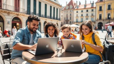 Família nômade digital trabalhando em viagem