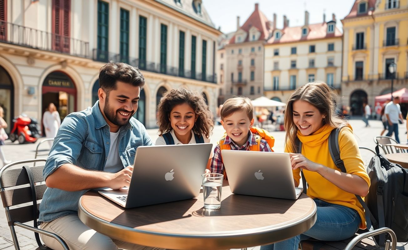 Família nômade digital trabalhando em viagem