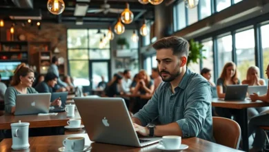 Freelancer trabalhando em um café, representando o empreendedorismo.
